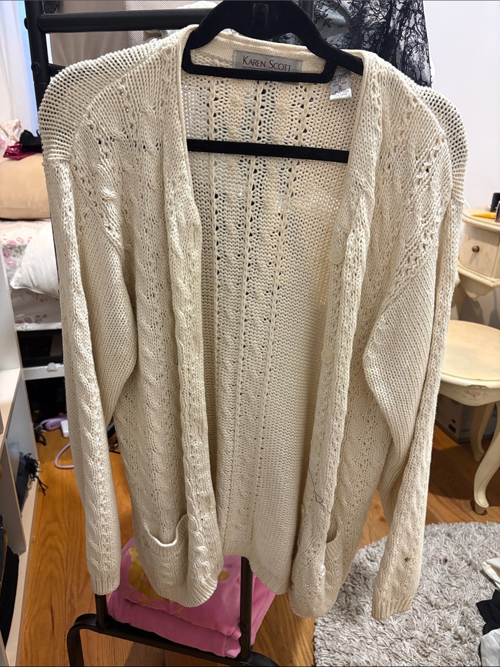 Karen Scott Cream Cable Open-Front Cardigan